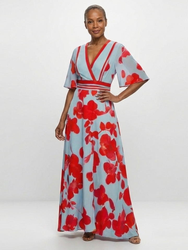 Corinne | Robe Maxi Fleurie à Col V et Manches Courtes