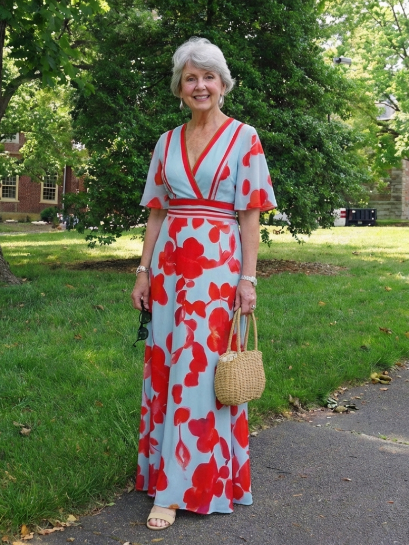 Corinne | Robe Maxi Fleurie à Col V et Manches Courtes