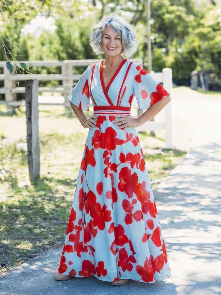 Corinne | Robe Maxi Fleurie à Col V et Manches Courtes