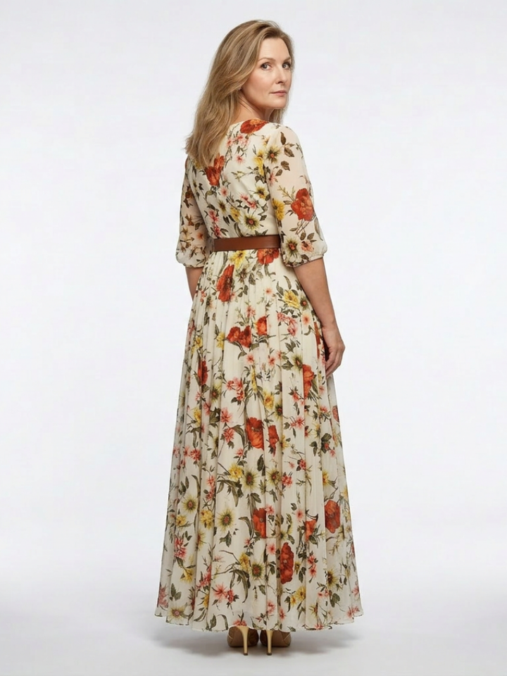 Odelia | Robe Maxi Ceinturée à Col Rond et Manches Trois Quarts