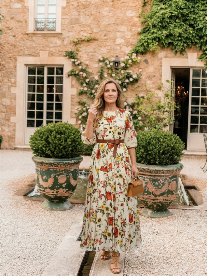 Odelia | Robe Maxi Ceinturée à Col Rond et Manches Trois Quarts