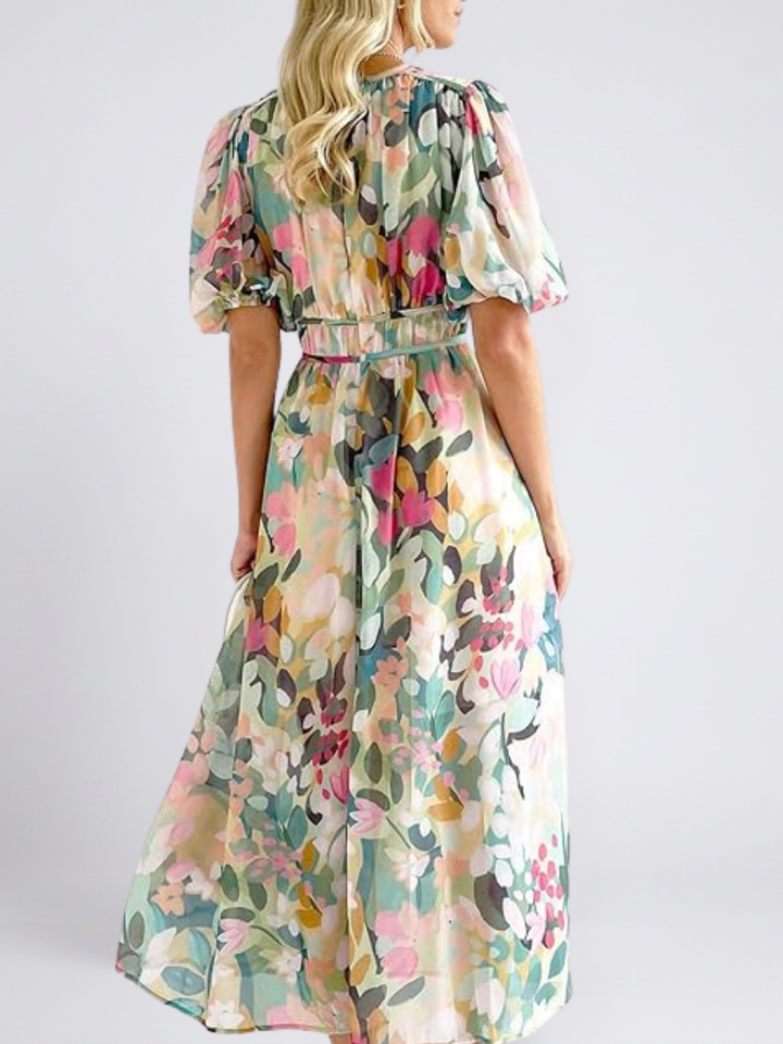 Eulalie | Robe Midi à Encolure en V et Manches Courtes, Taille Rassemblée