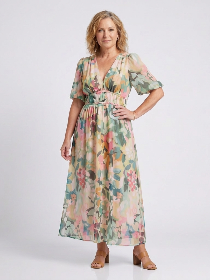Eulalie | Robe Midi à Encolure en V et Manches Courtes, Taille Rassemblée