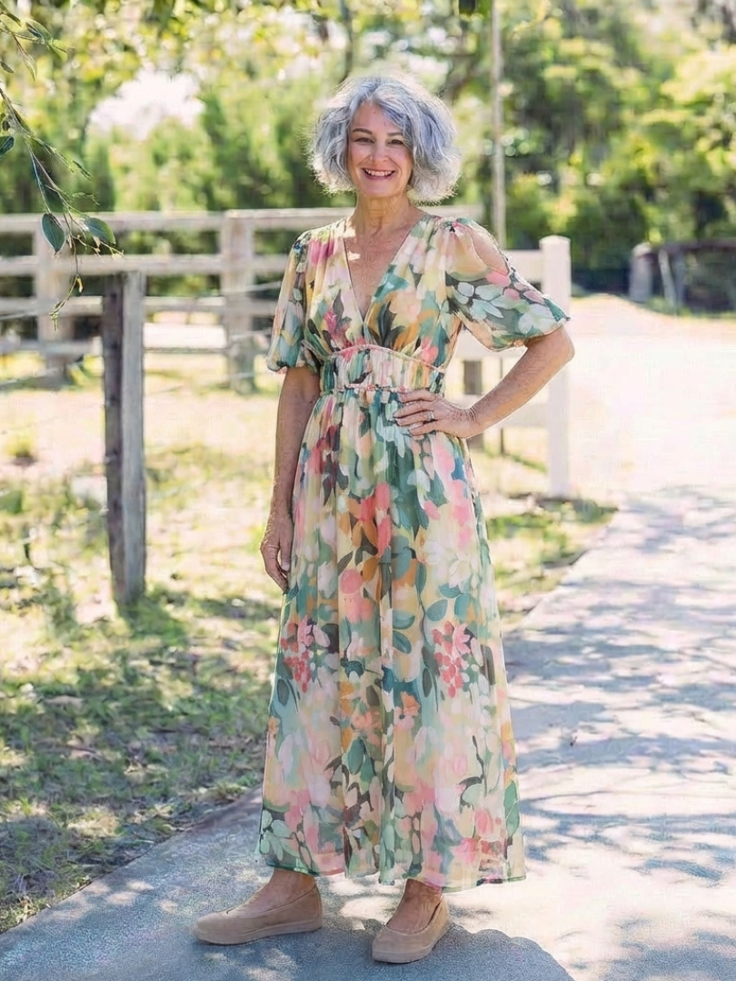 Eulalie | Robe Midi à Encolure en V et Manches Courtes, Taille Rassemblée