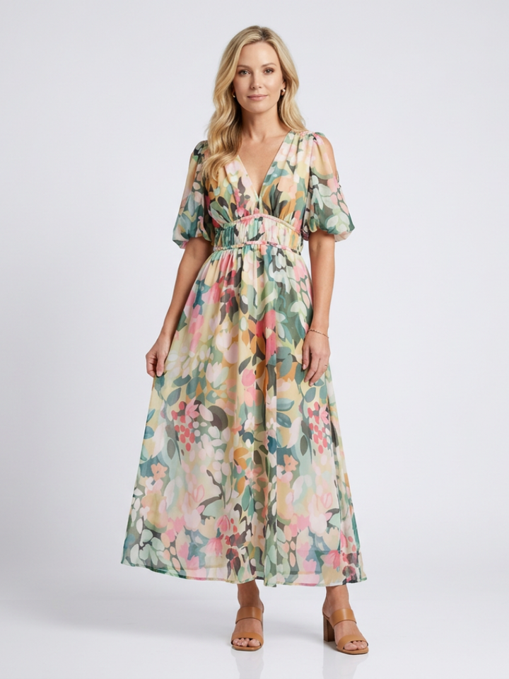 Eulalie | Robe Midi à Encolure en V et Manches Courtes, Taille Rassemblée
