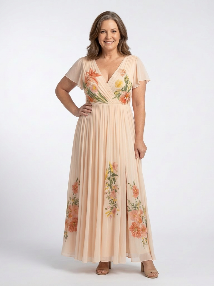 Calista | Robe Maxi Fleurie à Manches Courtes et Décolleté en V