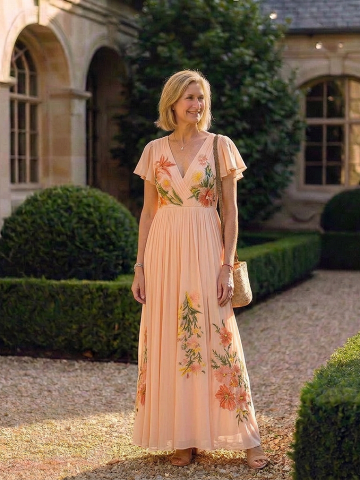Calista | Robe Maxi Fleurie à Manches Courtes et Décolleté en V
