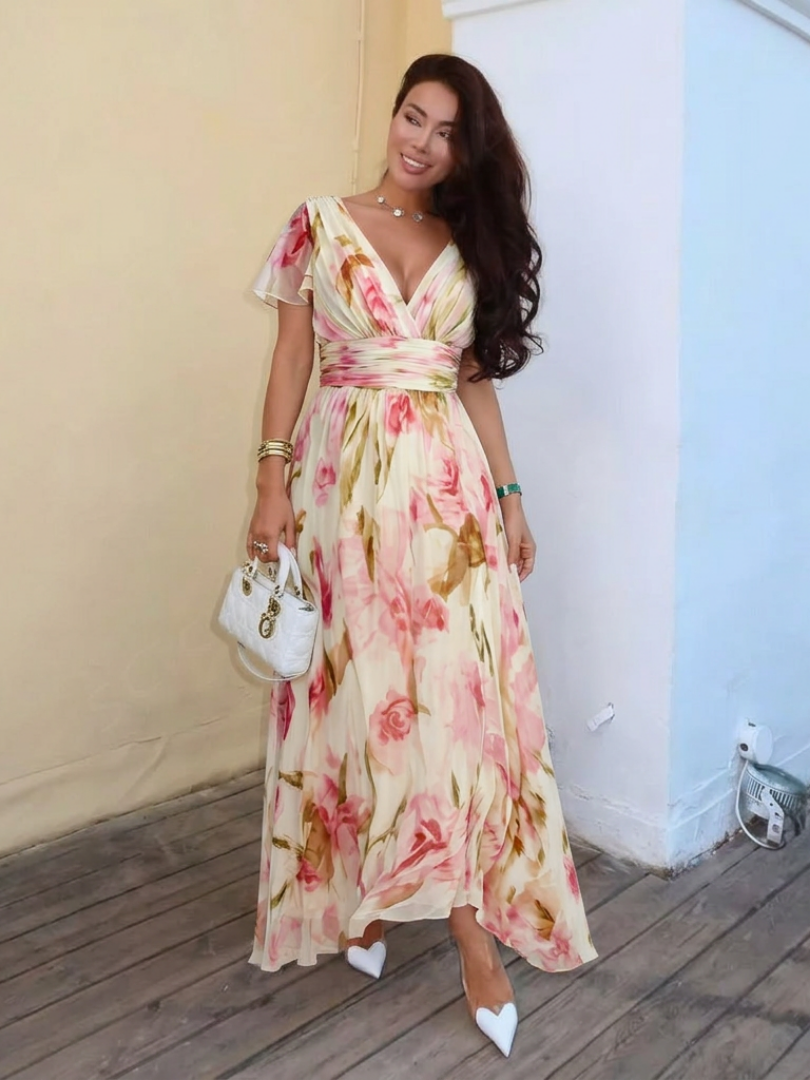 Elara | Robe Maxi à Fleurs à Manches Courtes en V