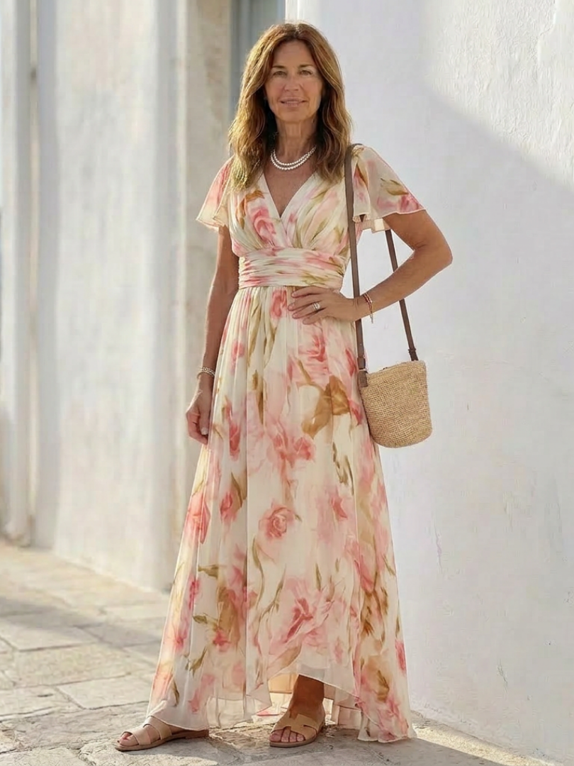 Elara | Robe Maxi à Fleurs à Manches Courtes en V