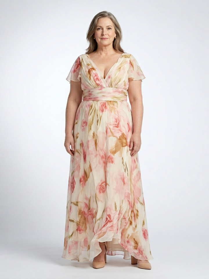 Elara | Robe Maxi à Fleurs à Manches Courtes en V