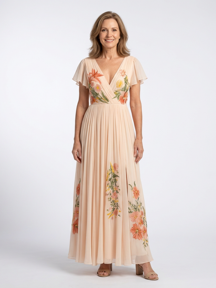 Calista | Robe Maxi Fleurie à Manches Courtes et Décolleté en V