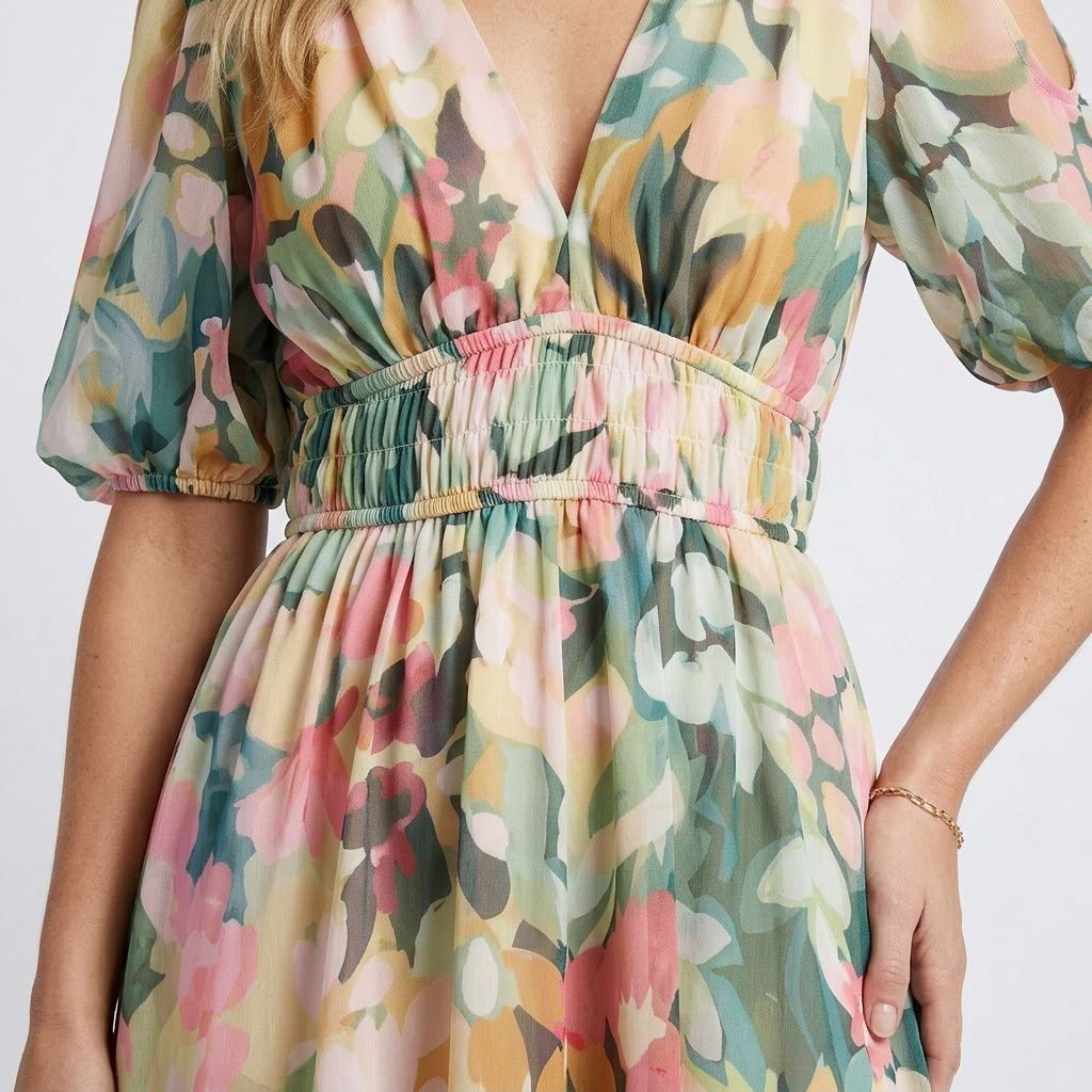 Eulalie | Robe Midi à Encolure en V et Manches Courtes, Taille Rassemblée