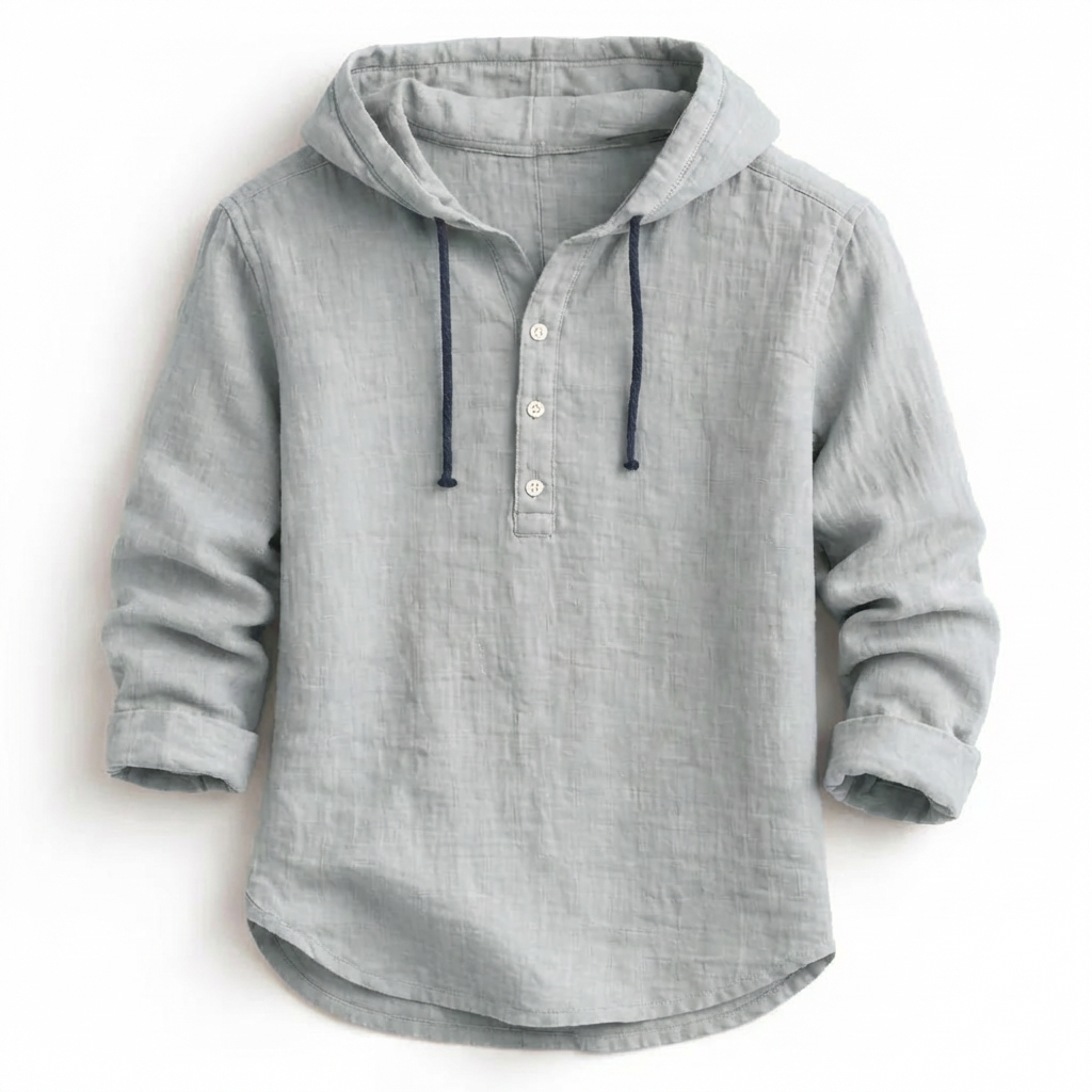 VICTOR | Chemise à capuche en lin — col henley, trois boutons
