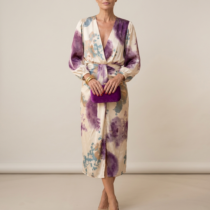 Valérie | Robe midi satinée à imprimé aquarelle, manches ballon
