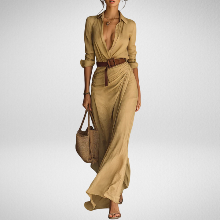 Camille Cannes | Robe maxi sophistiquée avec ceinture ajustable et revers élégants