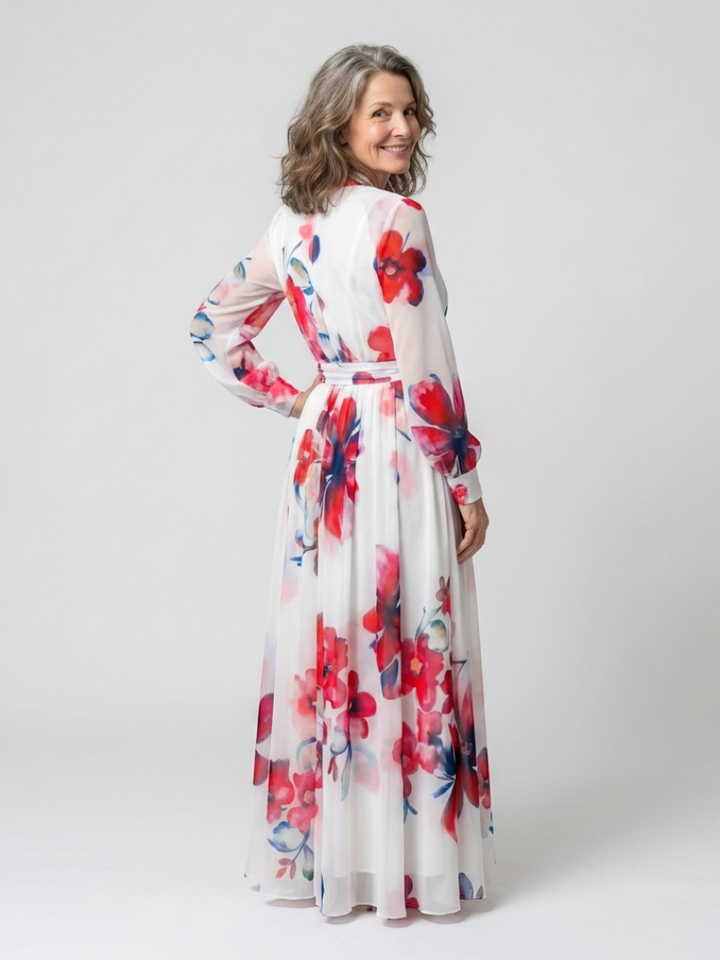 Lillian | Robe Maxi Évasée à Manches Longues Fleurie
