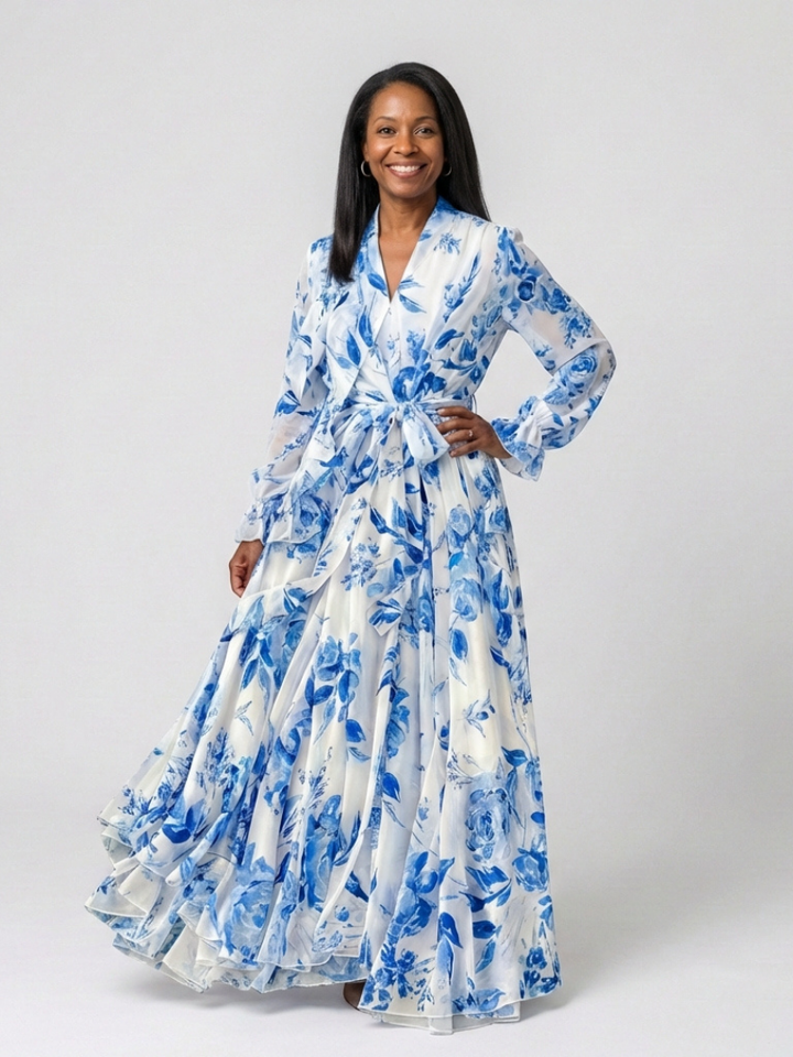 Lillian | Robe Maxi Évasée à Manches Longues Fleurie