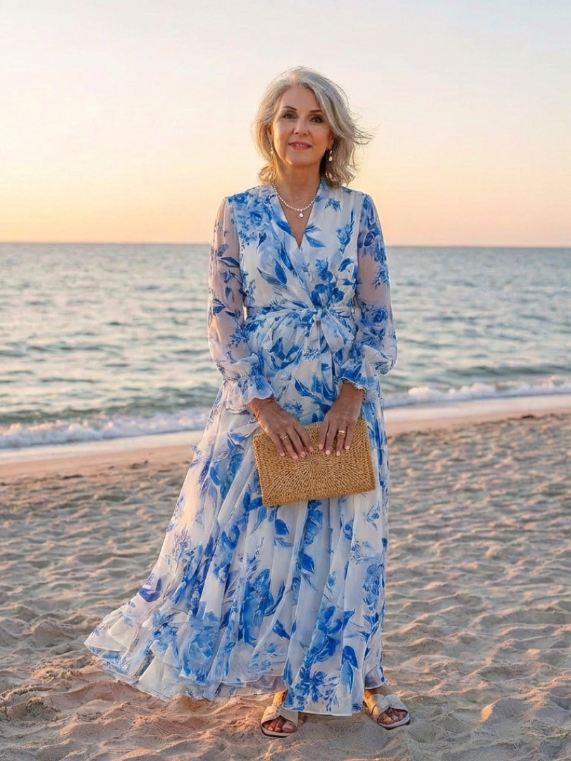 Lillian | Robe Maxi Évasée à Manches Longues Fleurie