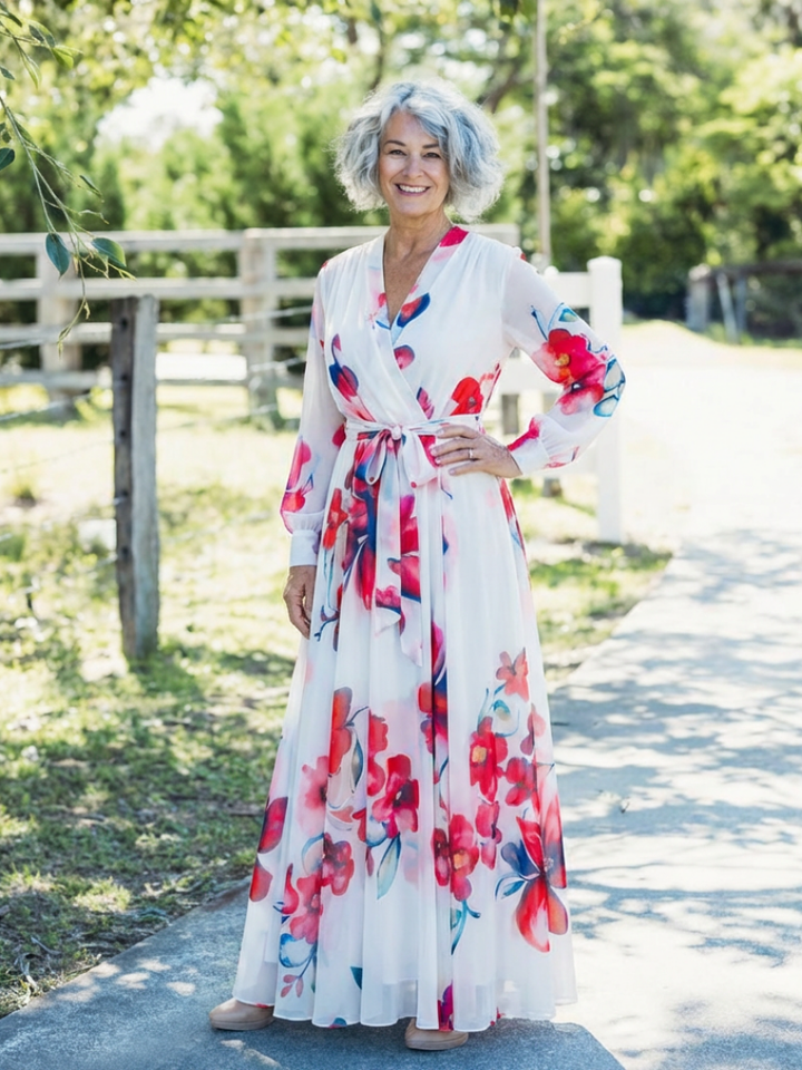 Lillian | Robe Maxi Évasée à Manches Longues Fleurie