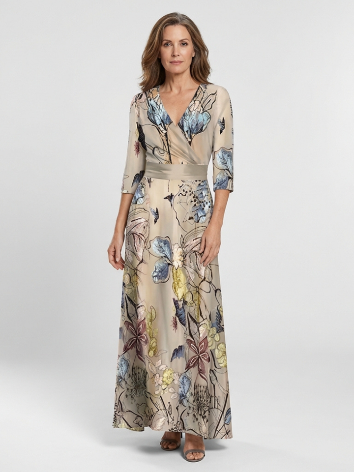 Marguerite | Robe Maxi Évasée à Manches Trois Quarts et Motif Floral