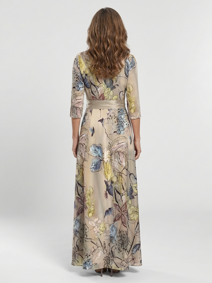 Marguerite | Robe Maxi Évasée à Manches Trois Quarts et Motif Floral