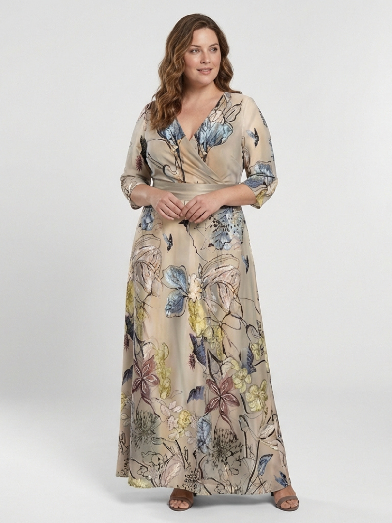 Marguerite | Robe Maxi Évasée à Manches Trois Quarts et Motif Floral