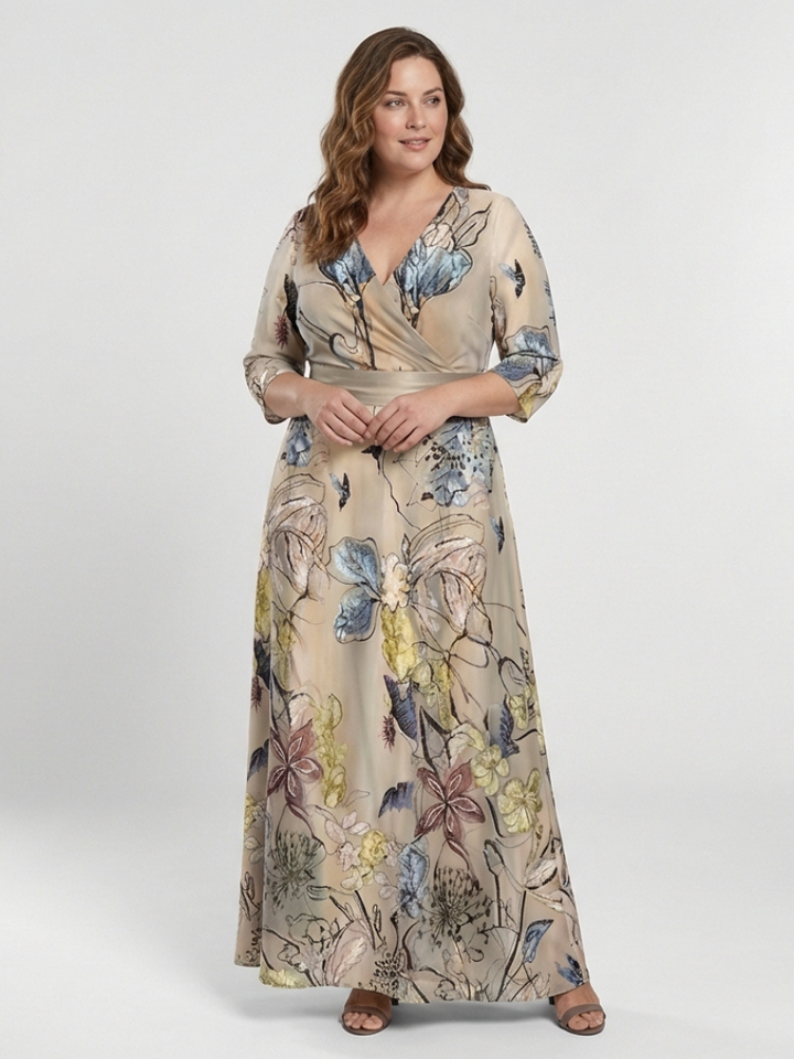 Marguerite | Robe Maxi Évasée à Manches Trois Quarts et Motif Floral
