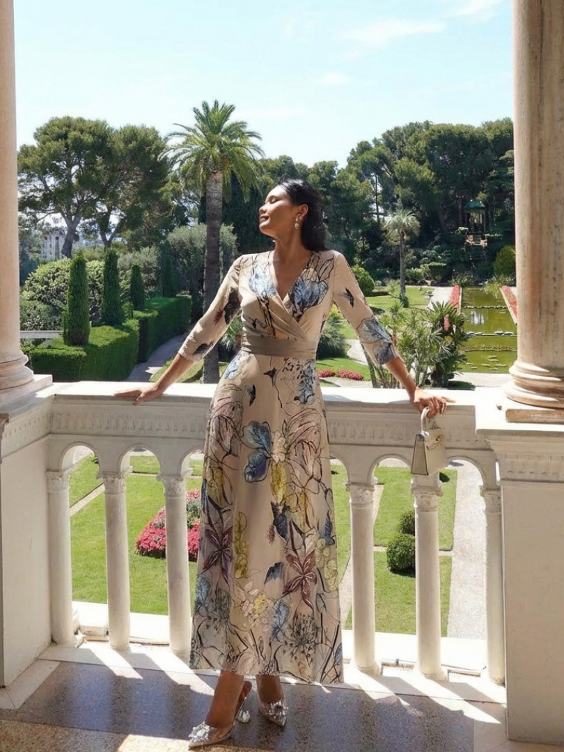 Marguerite | Robe Maxi Évasée à Manches Trois Quarts et Motif Floral