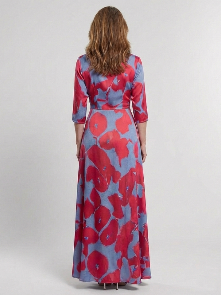 Danielle | Robe Maxi Fleurie à Manches Trois Quarts et Décolleté en V