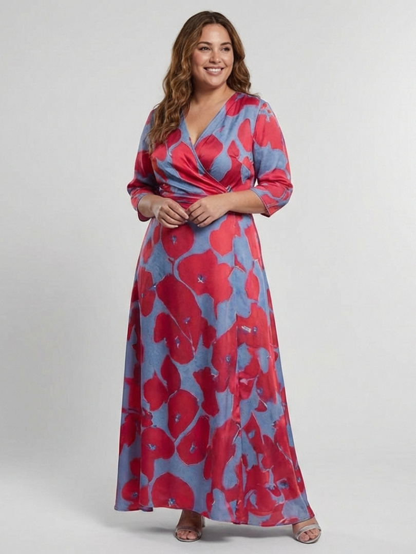 Danielle | Robe Maxi Fleurie à Manches Trois Quarts et Décolleté en V