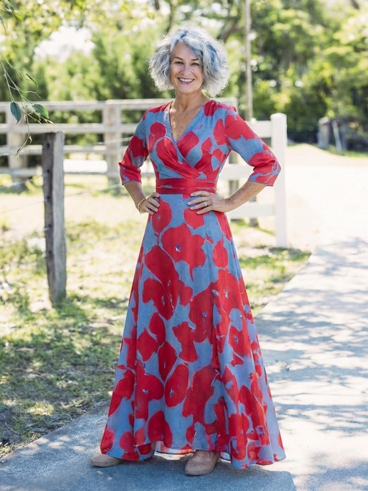 Danielle | Robe Maxi Fleurie à Manches Trois Quarts et Décolleté en V